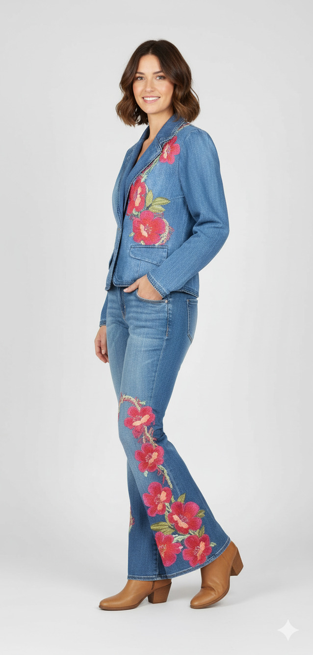 Vintage Denim Jean Jacket and Jeans Outfit Y2k Floral Embroidered Western Girly